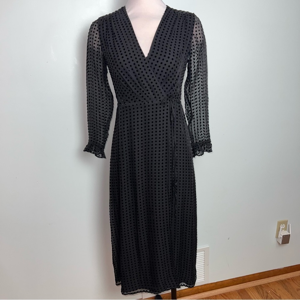 Whistles Black Flocked Polka Dot Wrap Midi Dress US 4 - Picture 3 of 15